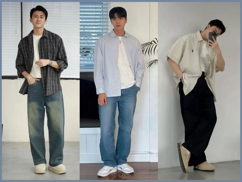 Áo sơ mi trơn hoặc kẻ ngang + quần slim straight