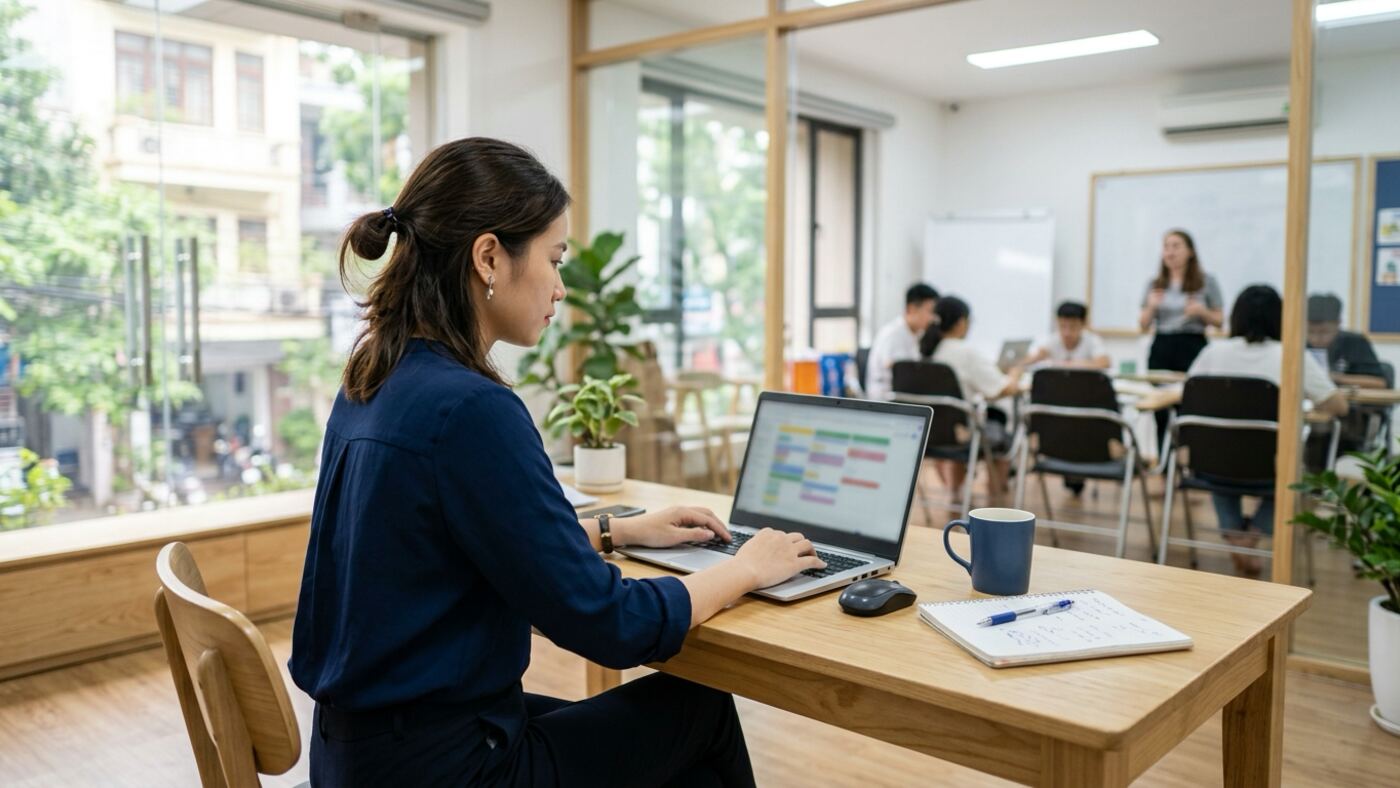 Nhân viên trung tâm theo dõi gửi email từ website tới học viên